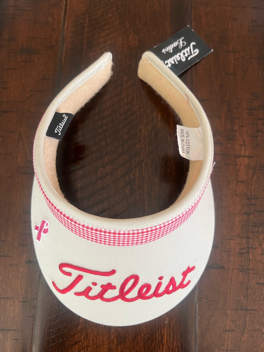 Titleist Ladies Golf Visor Cream Pink Ribbon Breast Cancer Awareness Gingham